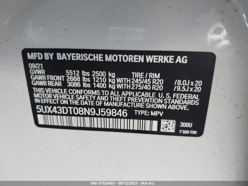 5UX43DT08N9J59846 BMW X4 M40I 9