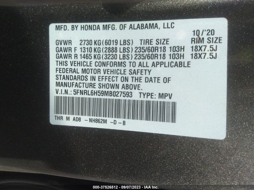 5FNRL6H59MB027593 Honda Odyssey EX 9