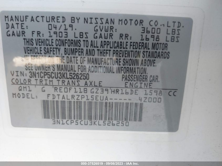 2019 NISSAN KICKS S - 3N1CP5CU3KL526250