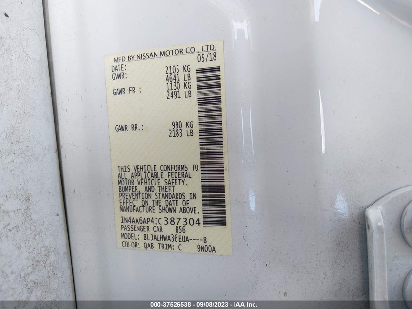 VIN 1N4AA6AP4JC387304 2018 NISSAN MAXIMA PLATINUM