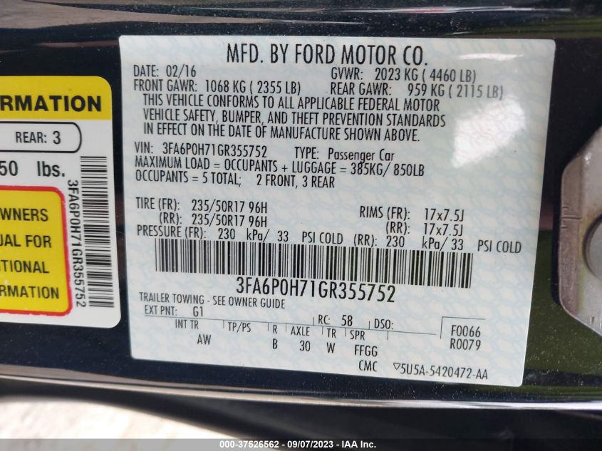 2016 FORD FUSION SE - 3FA6P0H71GR355752