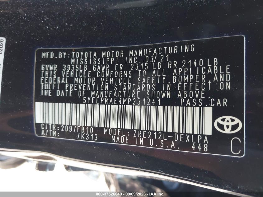 2021 TOYOTA COROLLA LE - 5YFEPMAE4MP231241