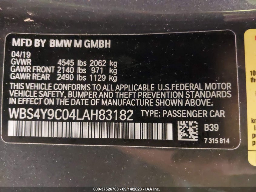 VIN WBS4Y9C04LAH83182 2020 BMW M4
