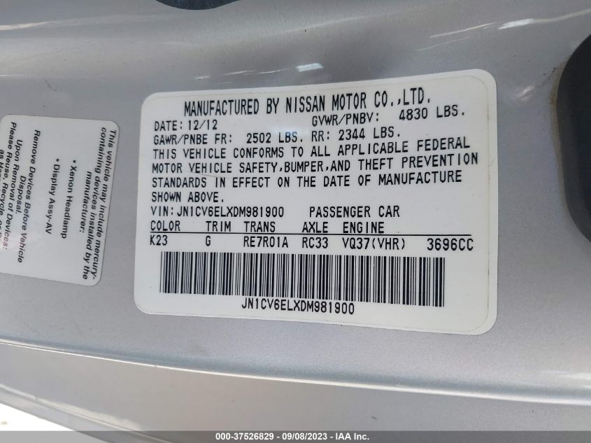 2013 INFINITI G37 COUPE X JN1CV6ELXDM981900