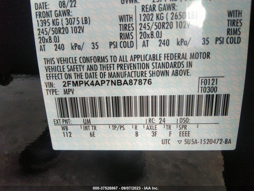 VIN 2FMPK4AP7NBA87876 2022 FORD EDGE ST