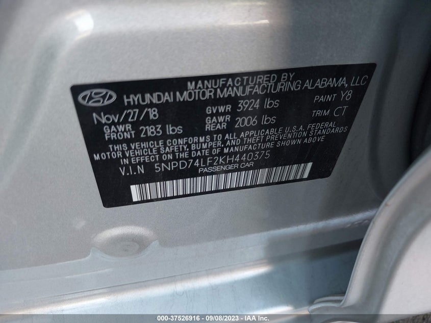 VIN 5NPD74LF2KH440375 2019 HYUNDAI ELANTRA SE