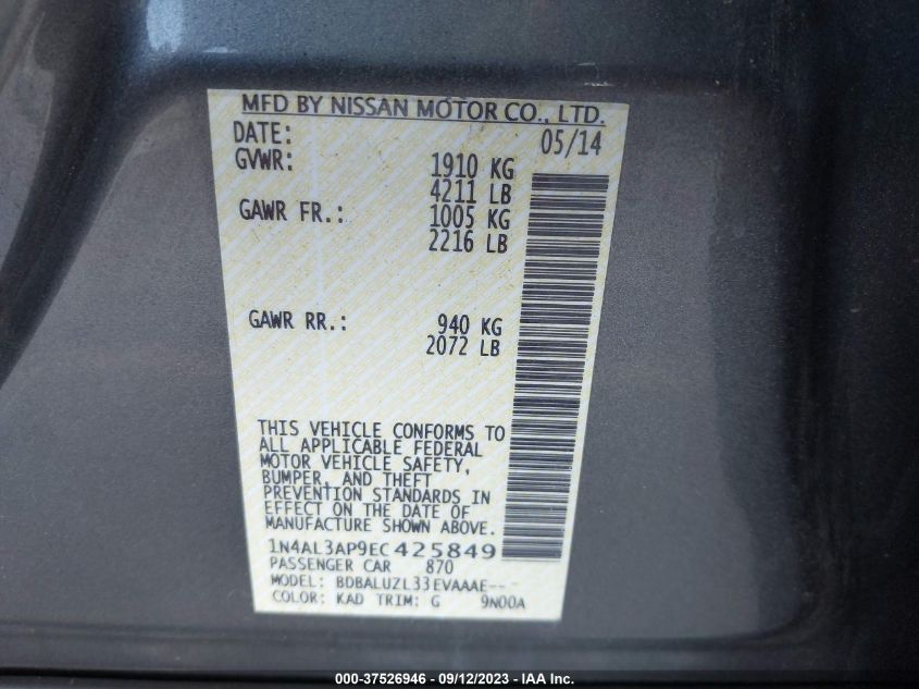 2014 NISSAN ALTIMA 2.5/S/SV/SL - 1N4AL3AP9EC425849