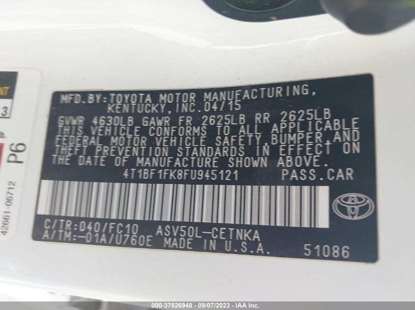 2015 TOYOTA CAMRY XLE/SE/LE/XSE - 4T1BF1FK8FU945121