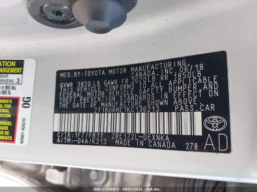 2019 TOYOTA COROLLA L/LE/SE/XLE/XSE - 2T1BURHE1KC136213