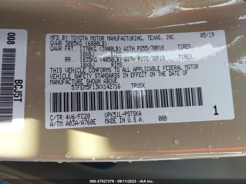 2019 TOYOTA TUNDRA 2WD SR5 5TFEM5F13KX142716