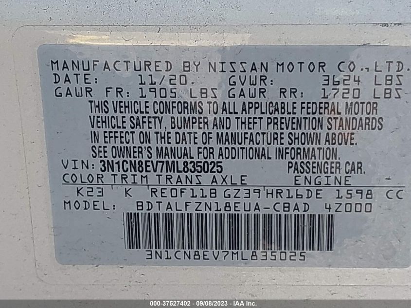 2021 NISSAN VERSA SV - 3N1CN8EV7ML835025