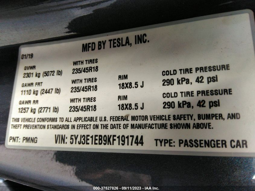 2019 TESLA MODEL 3 LONG RANGE/PERFORMANCE - 5YJ3E1EB9KF191744