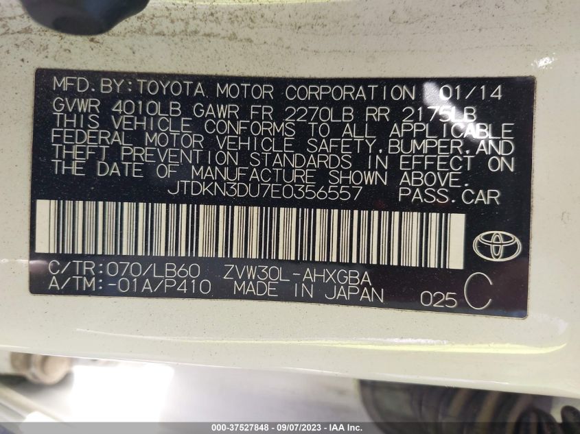 2014 TOYOTA PRIUS FOUR/FIVE/THREE/ONE/TWO - JTDKN3DU7E0356557