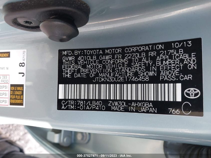 2014 TOYOTA PRIUS FOUR/FIVE/THREE/ONE/TWO - JTDKN3DU2E1746458