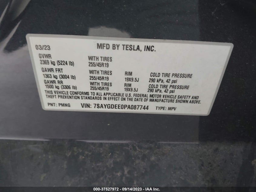 VIN 7SAYGDEE0PA087744 2023 TESLA MODEL Y LONG RANGE