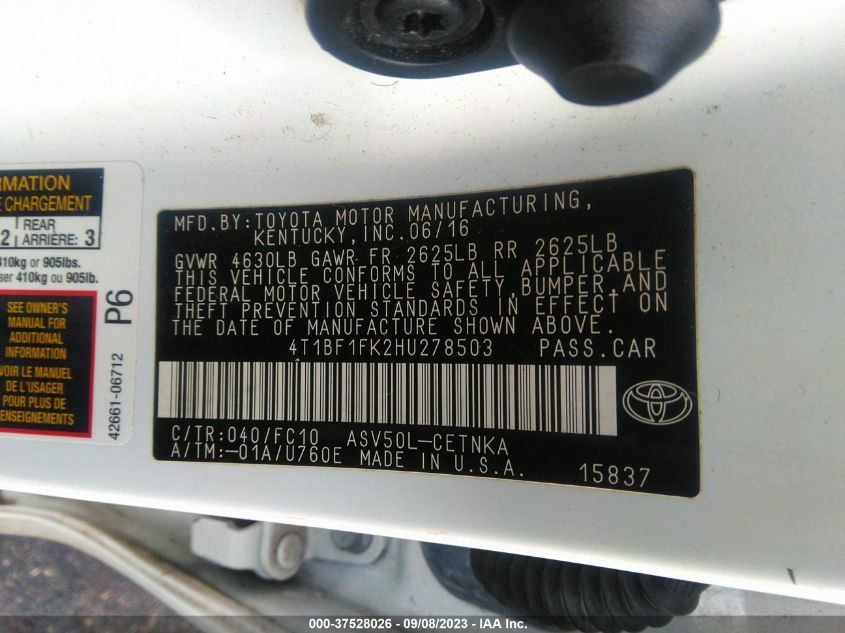 2017 TOYOTA CAMRY XLE/SE/LE/XSE - 4T1BF1FK2HU278503