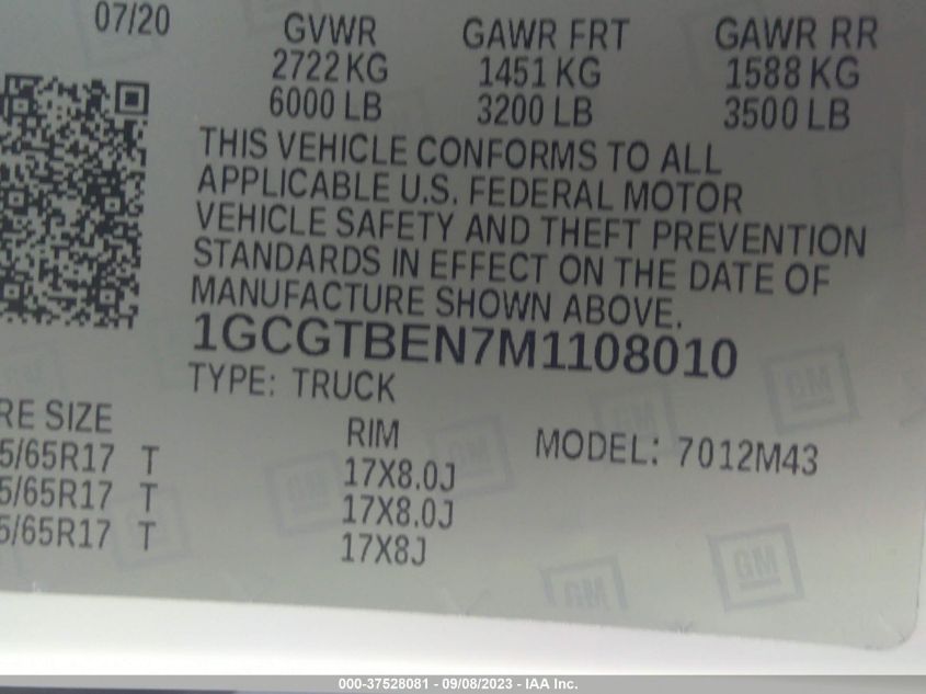 2021 CHEVROLET COLORADO 4WD WORK TRUCK - 1GCGTBEN7M1108010