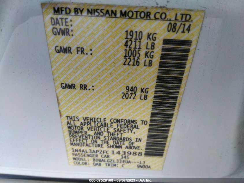 2015 NISSAN ALTIMA 2.5 S - 1N4AL3AP2FC143988