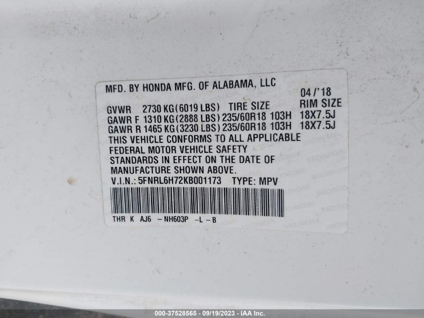 5FNRL6H72KB001173 Honda Odyssey   9