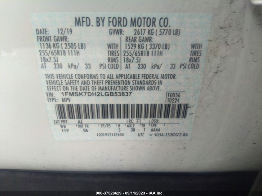 2020 FORD EXPLORER XLT - 1FMSK7DH2LGB53837