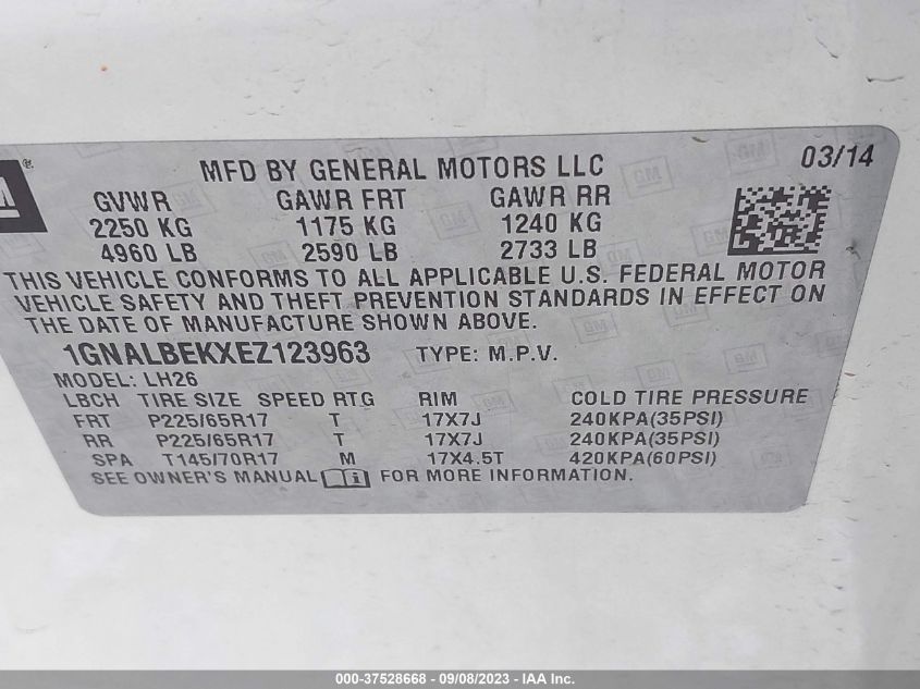 2014 CHEVROLET EQUINOX LT - 1GNALBEKXEZ123963