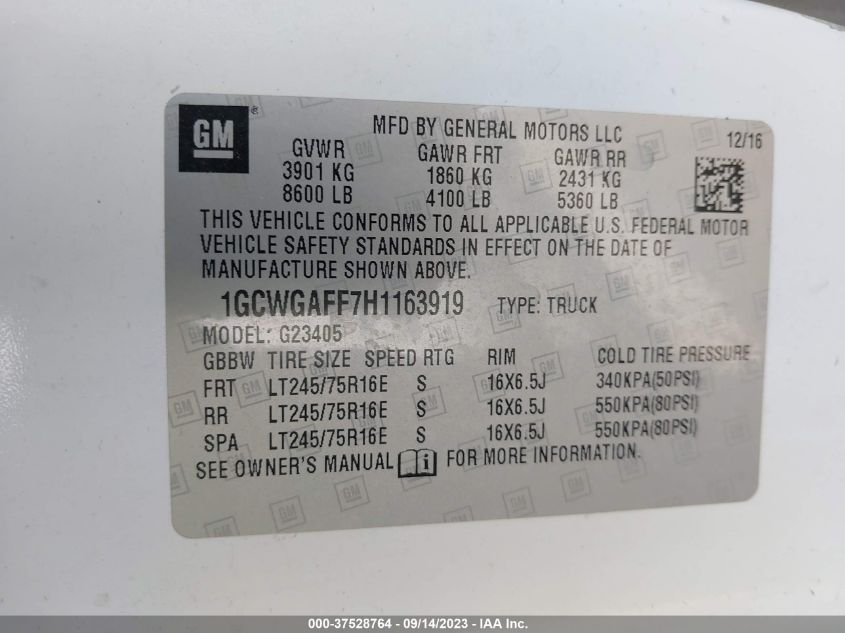 2017 CHEVROLET EXPRESS CARGO VAN 1GCWGAFF7H1163919