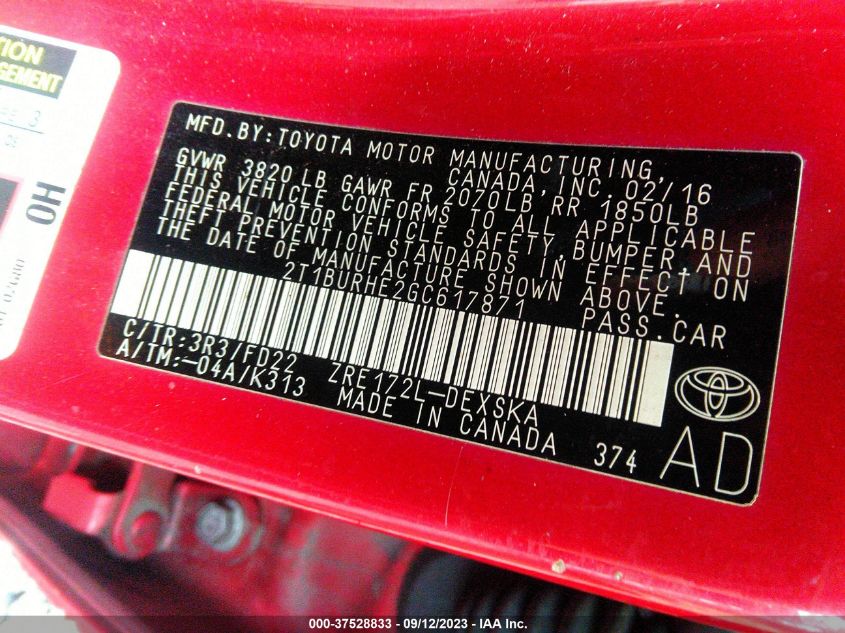2016 TOYOTA COROLLA L/LE/S/S PLUS/LE PLUS - 2T1BURHE2GC617871