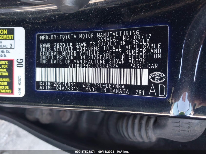 VIN 2T1BURHE8JC984524 2018 TOYOTA COROLLA L/LE/XLE/SE/XSE
