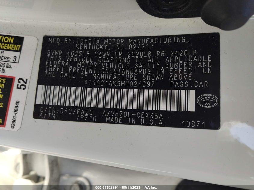 VIN 4T1G31AK9MU024397 2021 TOYOTA CAMRY HYBRID SE