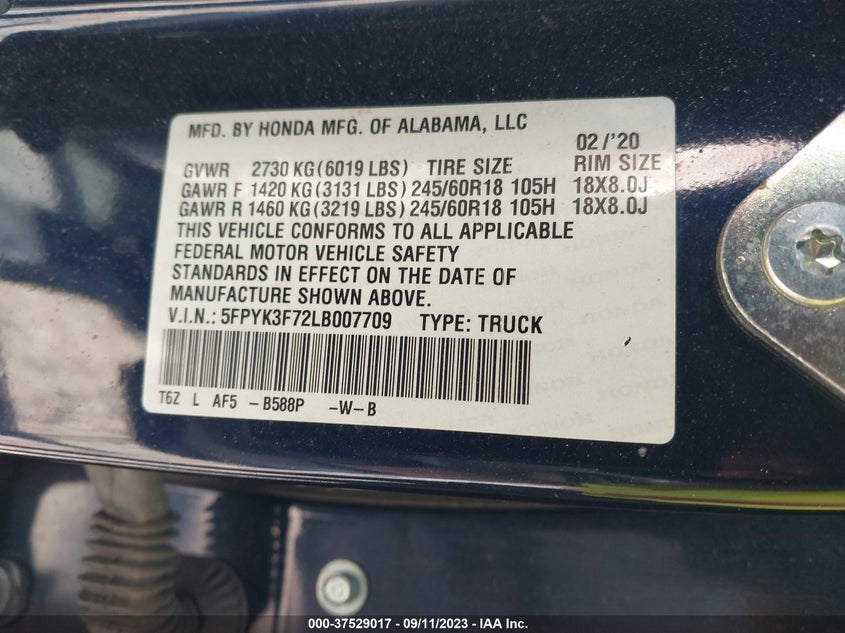 VIN 5FPYK3F72LB007709 2020 HONDA RIDGELINE RTL-E