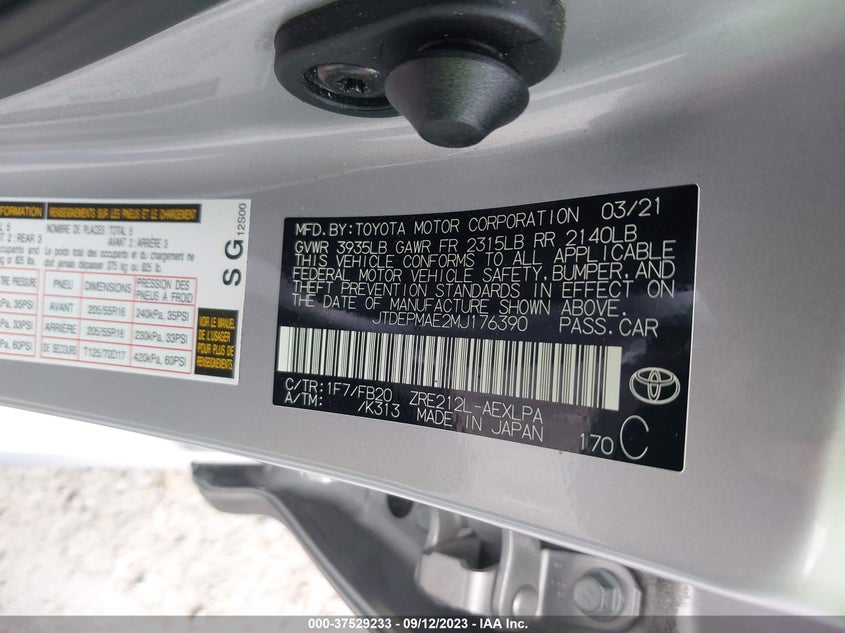 VIN JTDEPMAE2MJ176390 2021 TOYOTA COROLLA LE