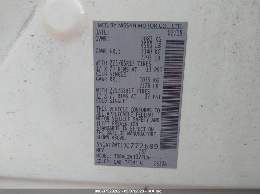 VIN 5N1AT2MT1JC772689 2018 NISSAN ROGUE SV