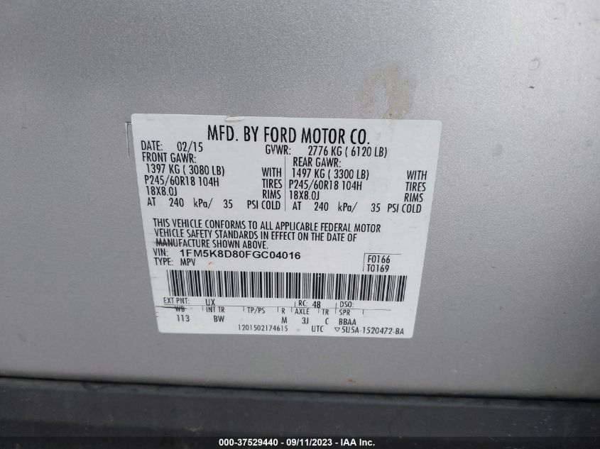 2015 FORD EXPLORER XLT - 1FM5K8D80FGC04016