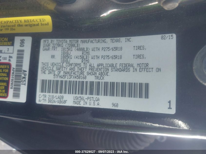 2015 TOYOTA TUNDRA LIMITED 5.7L V8 5TFHW5F13FX450160