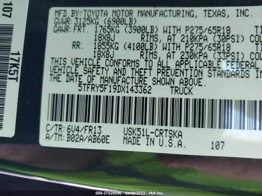 2013 TOYOTA TUNDRA 2WD TRUCK - 5TFRY5F19DX143362