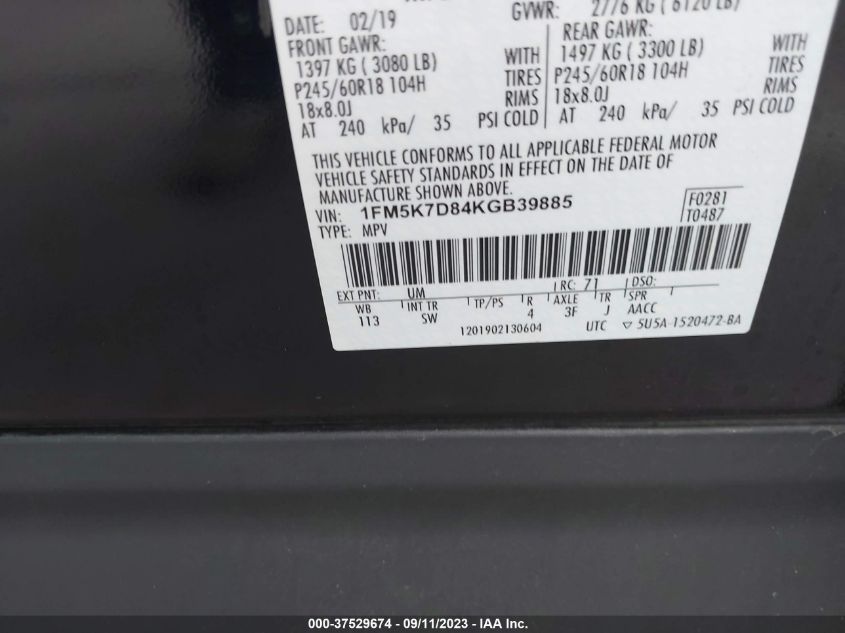 2019 FORD EXPLORER XLT - 1FM5K7D84KGB39885