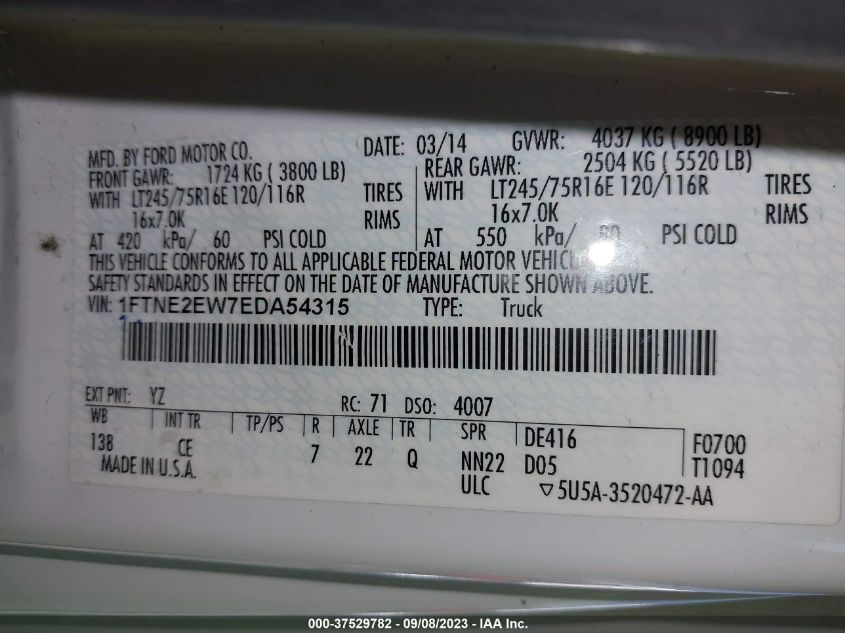 2014 FORD ECONOLINE CARGO VAN COMMERCIAL/RECREATIONAL 1FTNE2EW7EDA54315