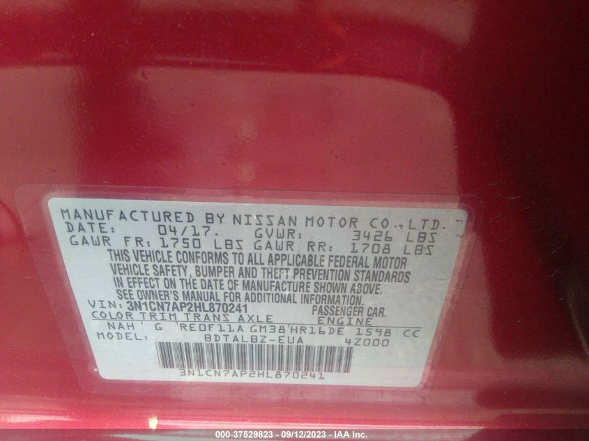 2017 NISSAN VERSA SEDAN SV - 3N1CN7AP2HL870241