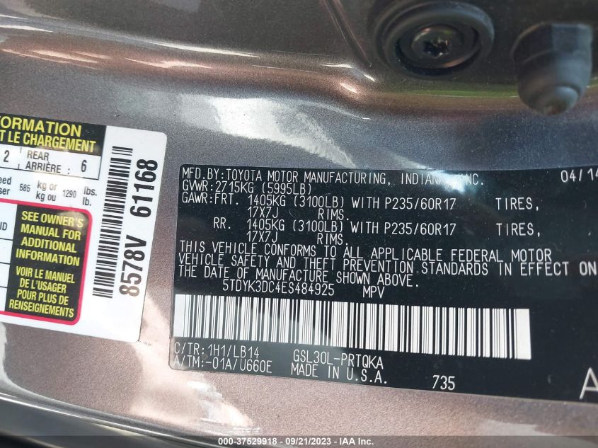 2014 TOYOTA SIENNA XLE/XLE AAS/LTD - 5TDYK3DC4ES484925