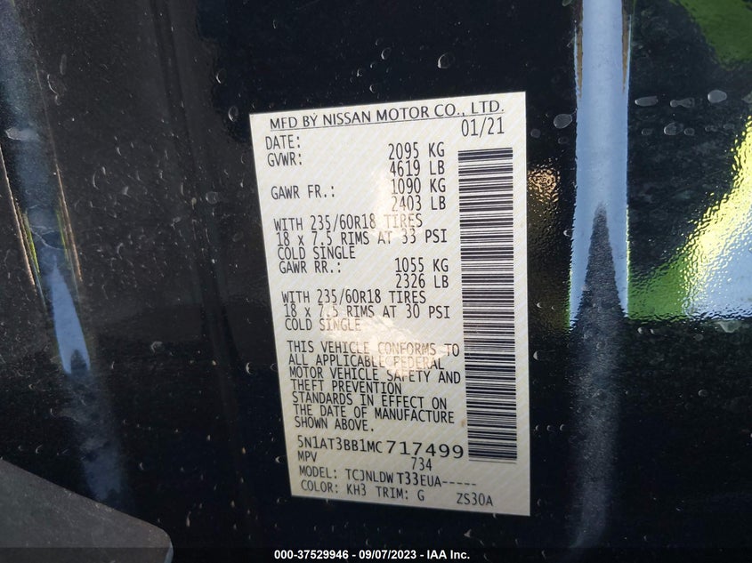 VIN 5N1AT3BB1MC717499 2021 NISSAN ROGUE SV