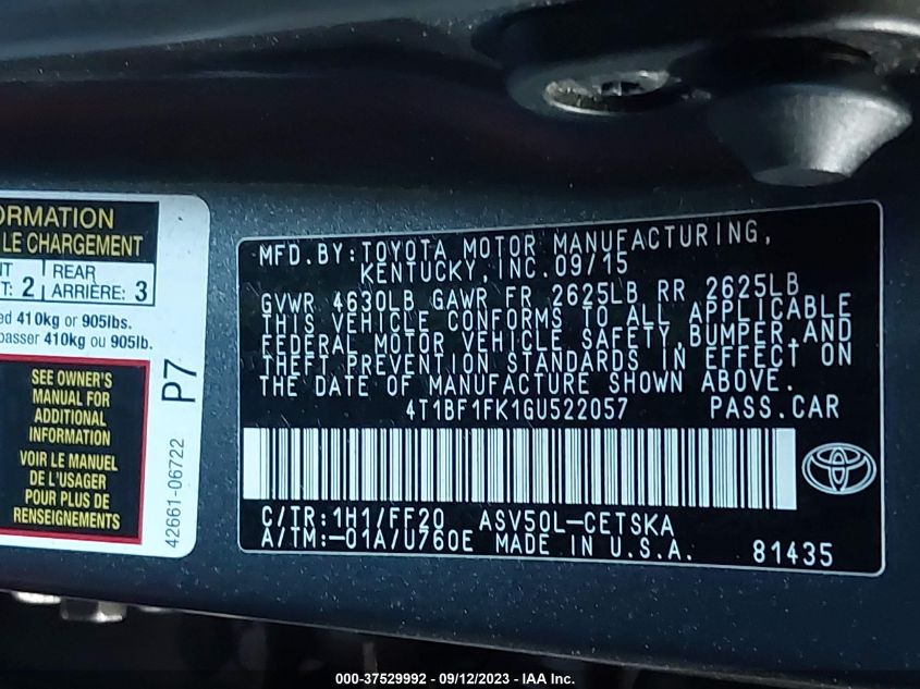 2016 TOYOTA CAMRY XLE/SE/LE/XSE - 4T1BF1FK1GU522057