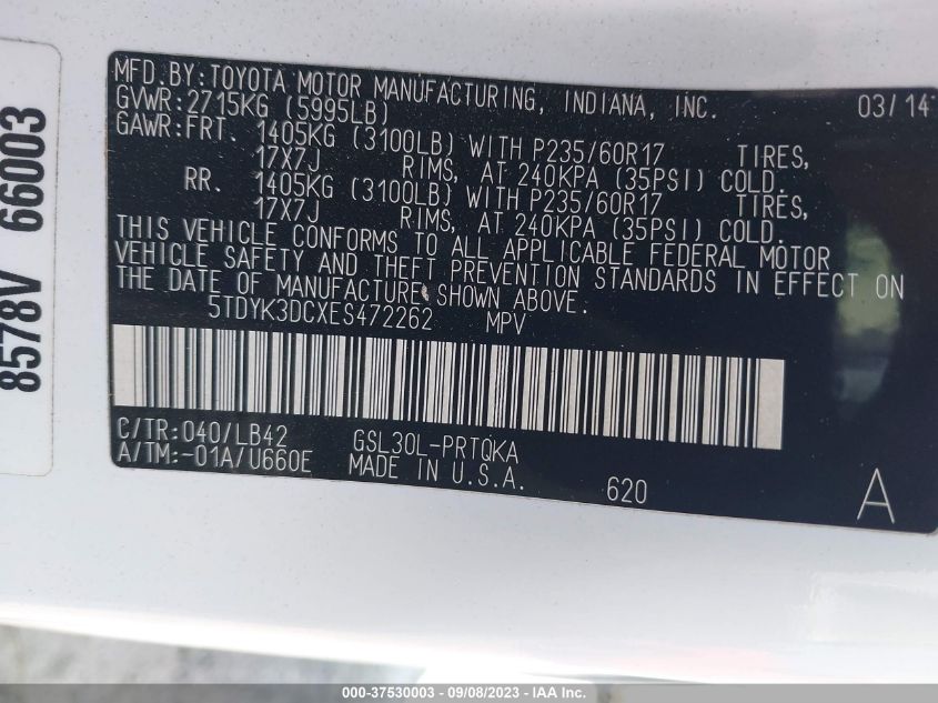 2014 TOYOTA SIENNA XLE/XLE AAS/LTD - 5TDYK3DCXES472262