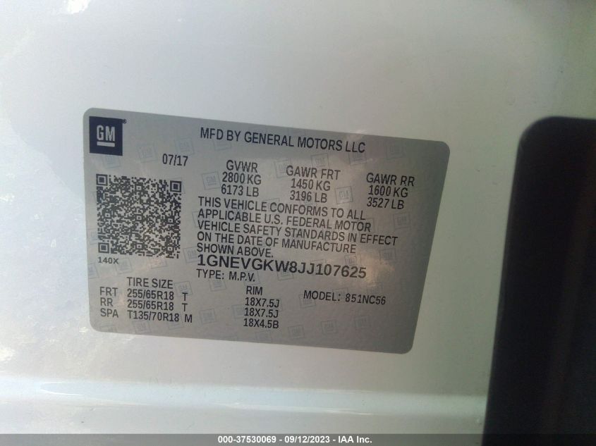 2018 CHEVROLET TRAVERSE LT - 1GNEVGKW8JJ107625