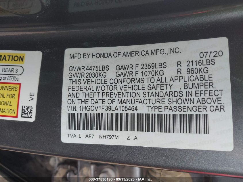 2020 HONDA ACCORD SPORT - 1HGCV1F39LA105464