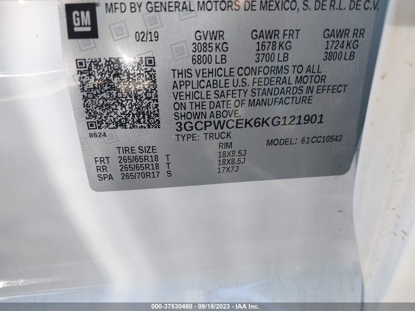 VIN 3GCPWCEK6KG121901 2019 CHEVROLET SILVERADO 1500 LT
