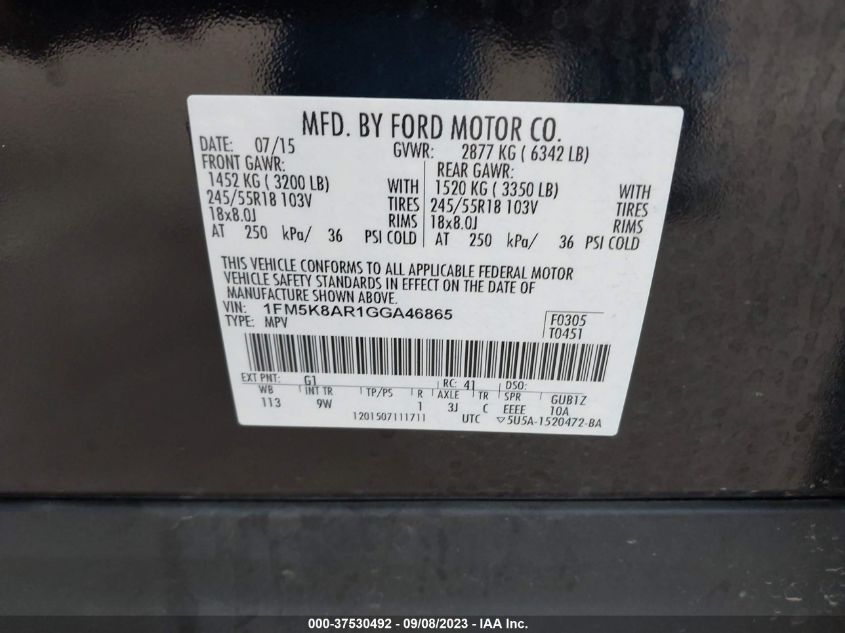 2016 FORD UTILITY POLICE 1FM5K8AR1GGA46865