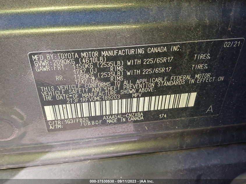 VIN 2T3F1RFV0MC189203 2021 TOYOTA RAV4 LE