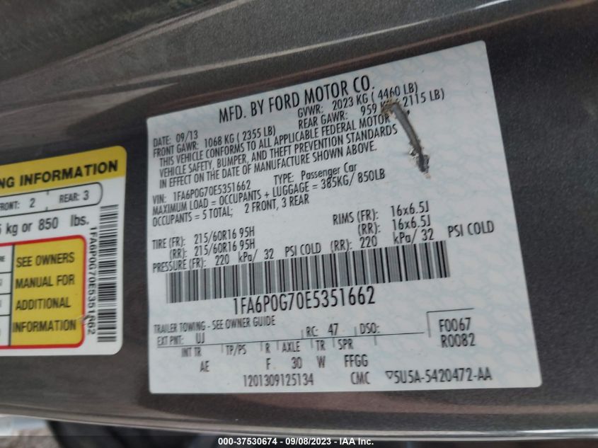 2014 FORD FUSION S - 1FA6P0G70E5351662