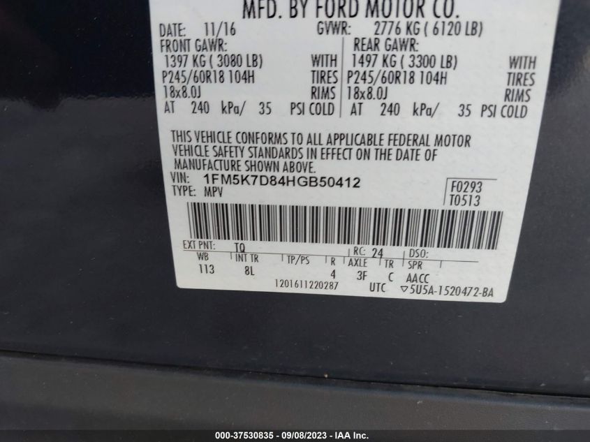2017 FORD EXPLORER XLT - 1FM5K7D84HGB50412