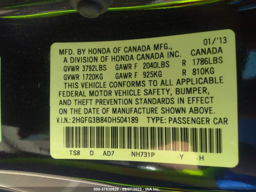 2013 HONDA CIVIC CPE EX 2HGFG3B84DH504189